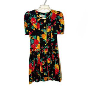 80s Melissa Floral Dress/Romper Black Red Yellow Puffed Shoulder Skort S/M